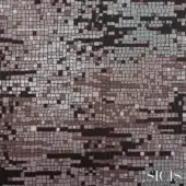 Sicis Numen mosaic tile design, muted charcoal gray, dusty rose, and beige tones, abstract blurred organic form with subtle brand imprint.